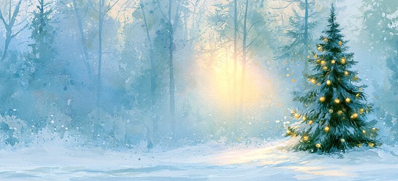Watercolor snowy forest with tall pine tree decorated in glowing gold ornaments, wide open snow foreground giving copy space, ethereal morning light