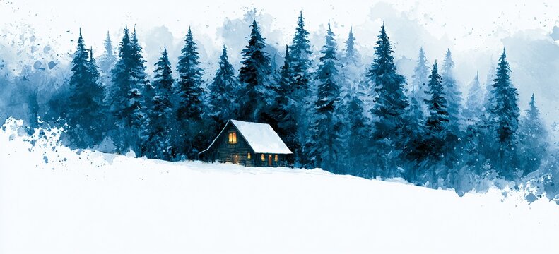 Cozy rustic cabin glows with warmth inside dense forest of frosted firs, watercolor splashes, minimalist white snowy foreground