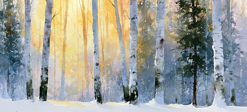Vertical watercolor of tall slender birches and pines in snowstorm, warm golden light filtering down, salt grain textures