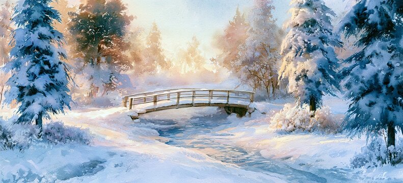 Frozen stream crossed by wooden bridge in hand painted watercolor, snowy firs beside, warm golden light, open sky, fine texture