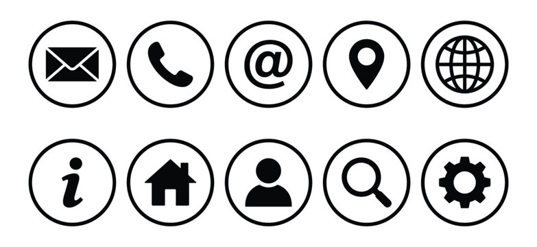 Contact Icons Collection: A set of ten black and white circular icons representing common contact and information elements, including email, phone, location, globe, and more.