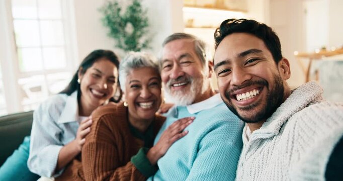 Silly, face and family with selfie in home for funny joke, humor or bonding together on sofa. Portrait, people and seniors with goofy adults for comedy picture, capture moment or photography in house