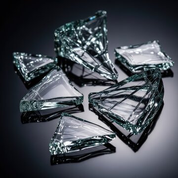 Elegant macro shot of shattered glass fragments scattered across a dark surface, featuring sharp edges and dramatic light reflections, shards, creative, shattered