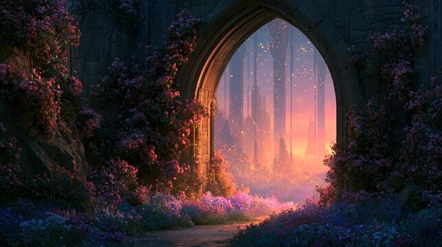 Rose-entwined archway frames flower-filled valley under peach sunset, radiant beams streaming, golden sparkling particles drifting through quiet air