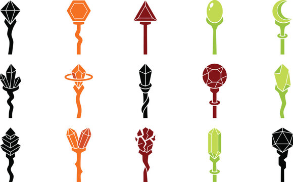 Fantasy magic staff icons, 15 mystical wizard wands with crystals and gems, medieval RPG game assets, flat vector collection
