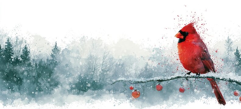 Watercolor art of red cardinal on snowy decorated branch, dense forest behind, soft bokeh lights, minimalist white upper half