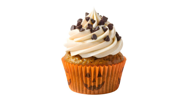 Delicious chocolate chip cupcake with vanilla frosting in a festive orange halloween paper liner