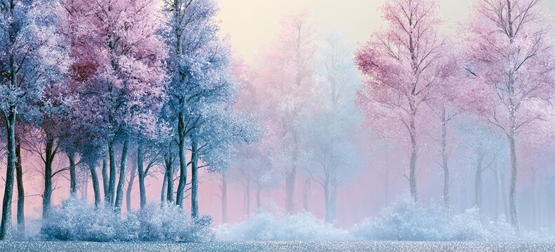 Silver glitter texture sparkles across ethereal winter forest in pastel pinks and blues, centered subject, blurred edges for text