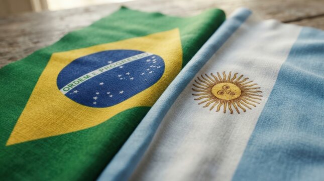 High-quality close-up stock photo of Brazil and Argentina flags featuring vibrant colors and national emblems perfect for patriotic web banners marketing materials.