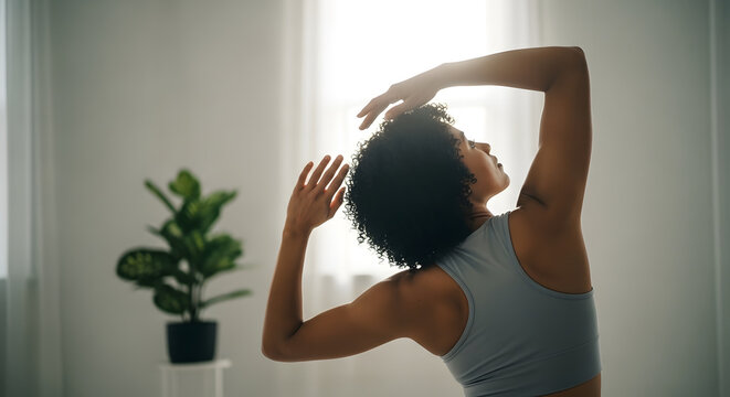 Woman practicing a standing side stretch at home. Wellness and flexibility concept for healthy living