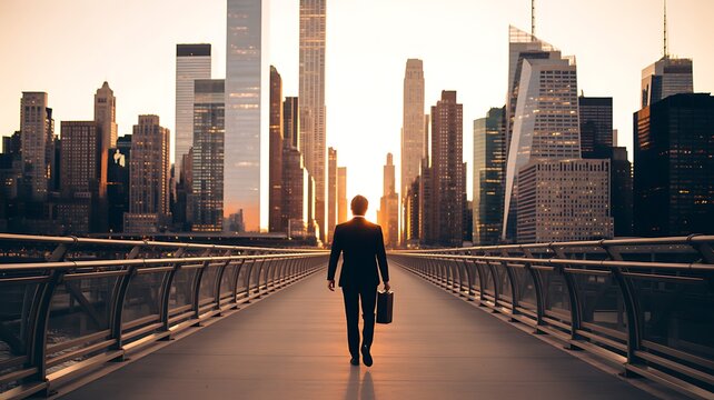 Businessman in a suit walking on a bridge towards the city skyline during a bright golden sunset in an urban setting