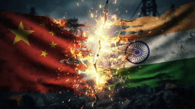 Dramatic explosion between Chinese and Indian flags with fiery sparks, ideal for political tension graphics, news banners, or conflict-themed marketing designs.