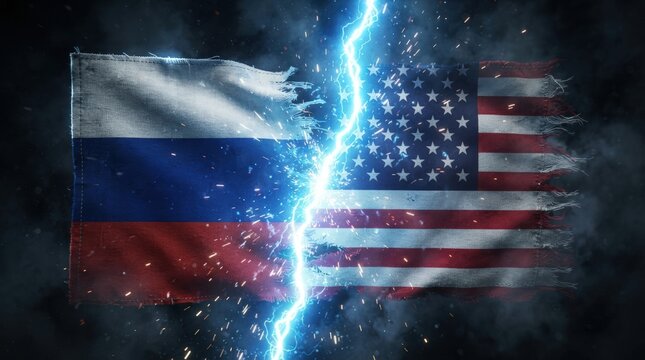 Dramatic digital clash between US and Russia flags with electric spark effect ideal for political conflict graphics, banners, or social media marketing designs.