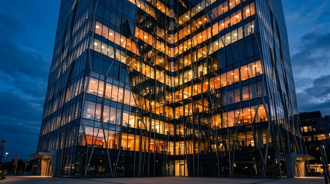 Angular Glass Office Tower Illuminated at Twilight with Dramatic Facade