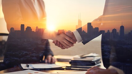 Fototapeta na wymiar Double exposure of a business handshake with a city skyline and sunset in the background, of an office, meeting room