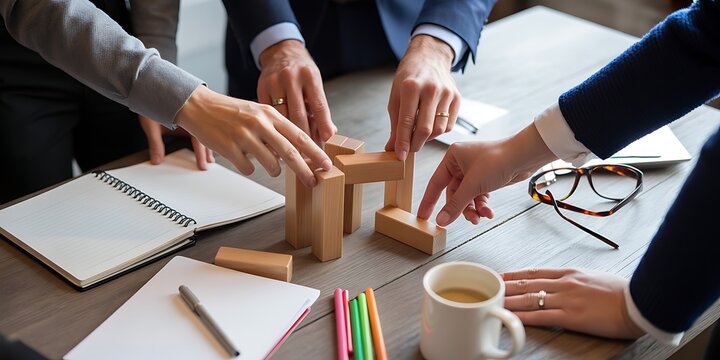 Diverse business team building a wooden block structure together during a collaborative office meeting at a wooden table