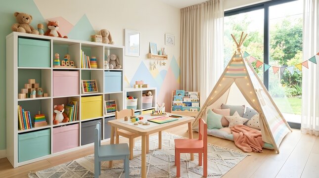 Cozy Pastel Kids Playroom with Striped Teepee and Colorful Storage Shelves