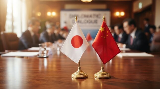 Professional stock photo of Japanese and Chinese flags on a polished wooden conference table during diplomatic dialogue or business meeting.