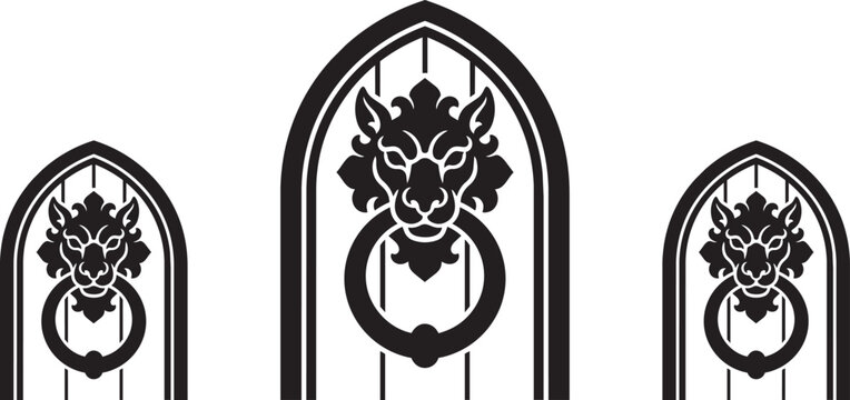 Lion head door knocker silhouette set with gothic arch frames in elegant monochrome collection for architectural decorative hardware design applications.