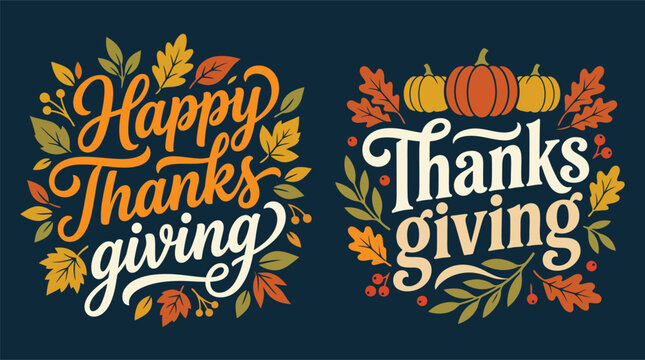 A beautiful collection of decorative thanksgiving vector illustrations featuring elegant typography and colorful autumn foliage elements for your seasonal holiday design projects
