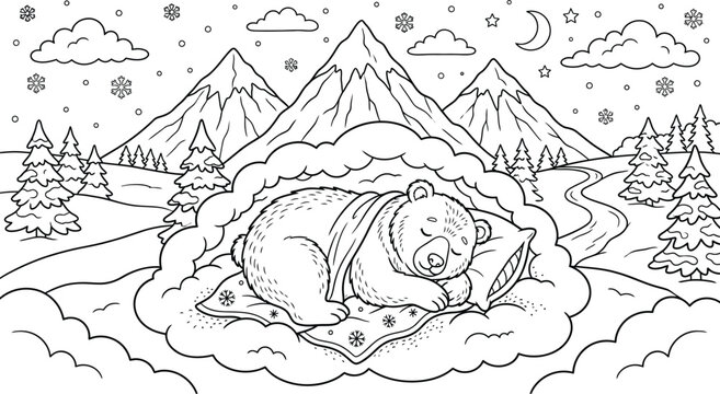 Cute bear sleeping on a cloud in a snowy mountain landscape, winter fantasy coloring page