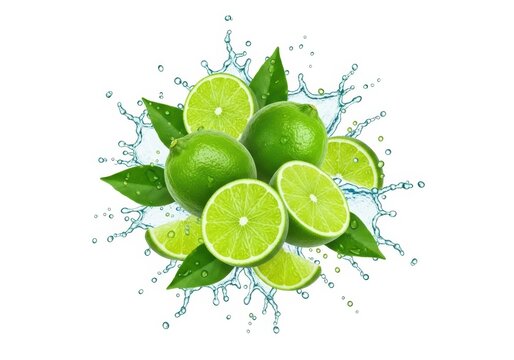 Fresh lime fruits with leaves and water splash