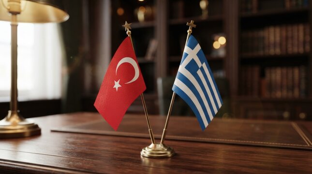 High-quality stock photo of Turkish and Greek national flags on a wooden desk with warm lighting ideal for international business presentations, corporate websites, or diplomatic event backdrops.