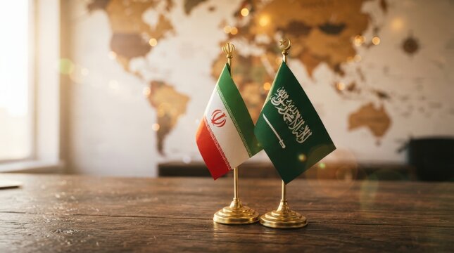 Professional stock photo of Iranian and Saudi Arabian flags on gold stands against a world map backdrop ideal for international relations marketing presentations or diplomatic website banners.