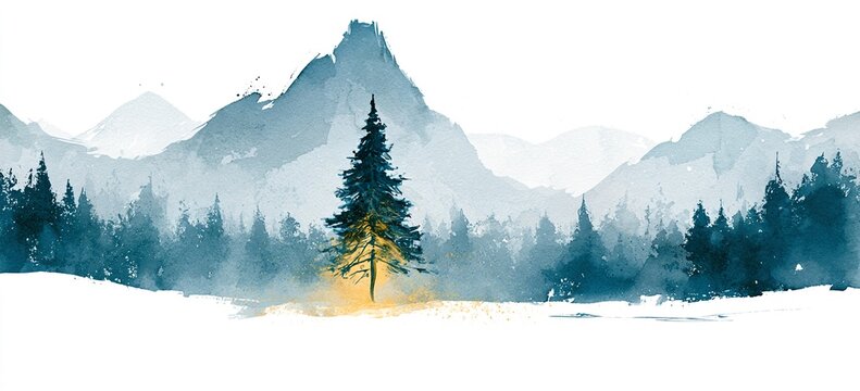 Watercolor landscape of mountains and snowy forest, central evergreen tree glowing golden, minimalist aesthetic, vast white space for snow