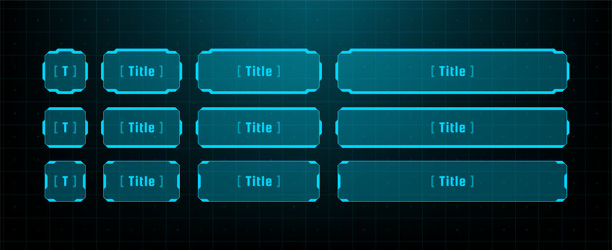 Hud interface buttons set with title bars in futuristic blue style. Digital screen elements for game ui, web design and technology