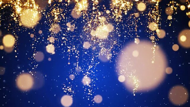 Golden glitter particles falling on blue background, luxury abstract motion overlay for celebration and holiday
