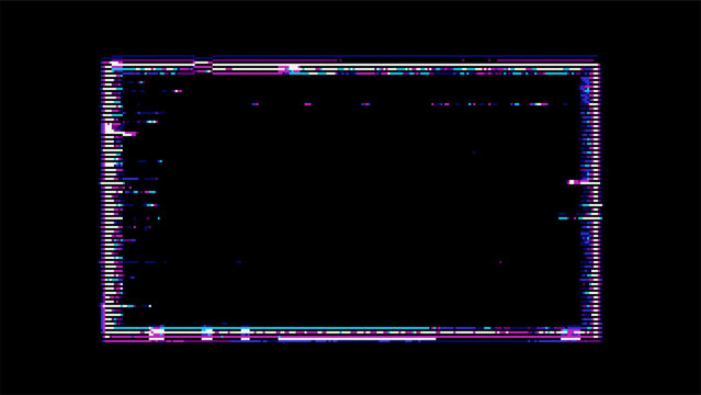Glitch rectangle frame on black background. Digital distortion effect with pixel noise and signal error. Abstract cyber technology concept for web design, banner and poster