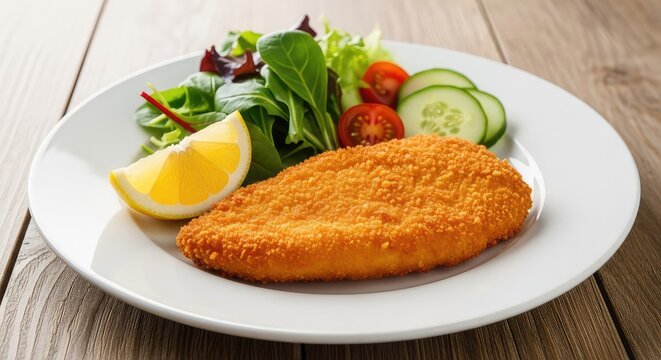 Golden crispy breaded chicken cutlet served on a white ceramic plate with a fresh lemon wedge and green salad garnish on a wooden table, golden, salad, culinary
