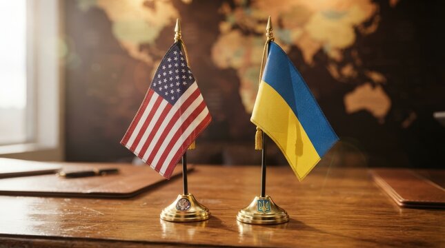 Professional stock photo of USA and Ukraine flags on a wooden table with world map backdrop ideal for diplomacy, global business, international relations marketing materials.