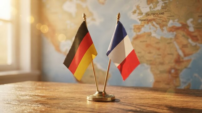 Professional stock photo of German and French flags on a table with a vintage world map backdrop perfect for international business presentations marketing materials.