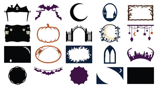 Halloween decorative frames and borders set, spooky 20 vector elements collection, purple and orange gothic silhouettes for party invitations
