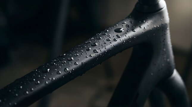 Close up of rain drops on a matte black bicycle frame in low light