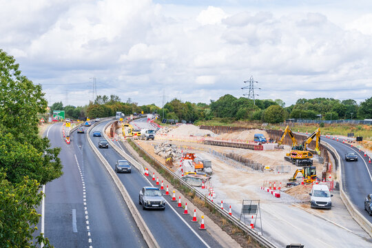 Road construction and excavation at the Thickthorn Interchange upgrade, a major A11-A47 junction near Norwich, UK