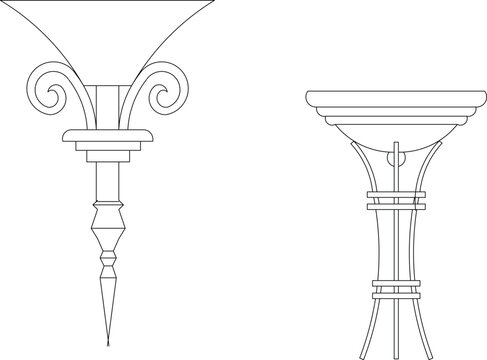 Clean line art vector illustrations showing decorative architectural wall lamps or sconces in front elevation views, featuring flared trumpet-shaped shades, scrollwork bracket accents, stepped mountin