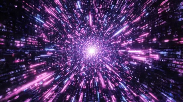 Neon cyber tunnel abstract background: high-speed data flow and digital matrix motion purple