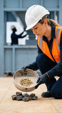 Female mining engineer sifting crushed gold ore with a metal sieve. Woman worker in a safety vest and hard hat inspecting mineral samples