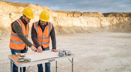 Fototapeta premium Geological survey team planning in an open pit quarry. Engineers in yellow hard hats and orange vests looking at a map. Mining industry concept