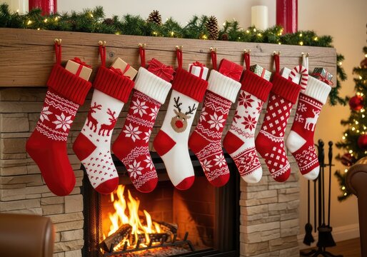Red and white knitted stockings hang from a wooden mantelpiece over a warm glowing fire inside a cozy decorated living room at Christmas, festive, holiday season, noel