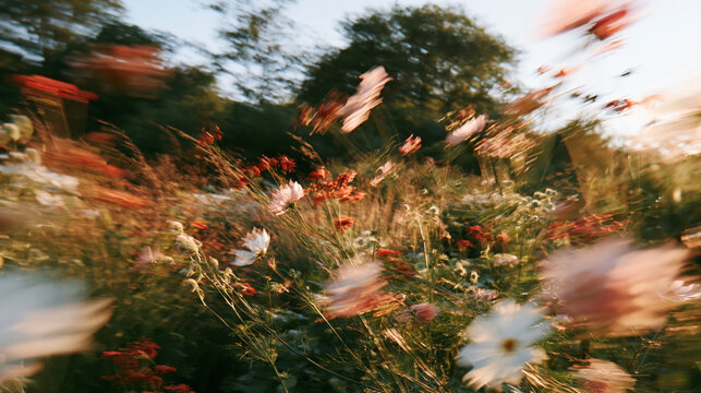 Wildflowers in Motion: A vibrant meadow bursts with blooming wildflowers, caught in a dynamic dance of movement and light, evoking a sense of freedom and natural beauty.