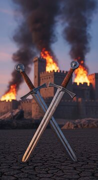 Two ancient steel swords crossed and stuck in the scorched earth while a massive stone fortress burns under a dark smoke-filled sky at dusk, history, dirt, debris