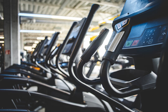 Elliptical Trainers Lining Up In A Gym, Cardio Machines Fill The Fitness Center