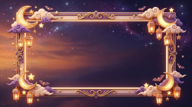 Whimsical Halloween 3D decorative background with copy space during a starry night sky
