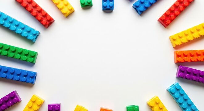 A colorful collection of interlocking plastic building blocks scattered across a white surface viewed from above with a central empty area, colorful, hobby, sizes