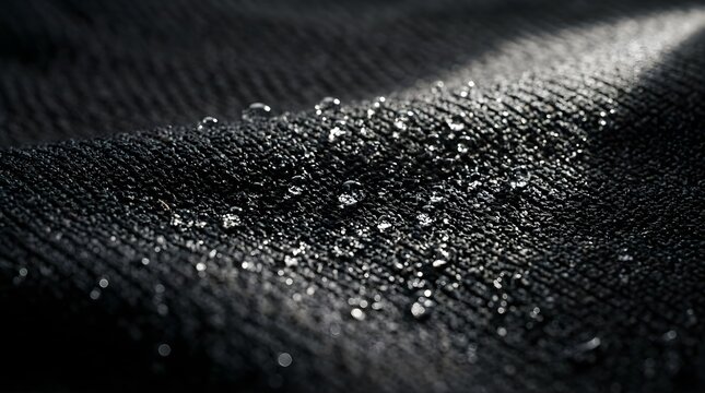 Macro water droplets on dark waterproof fabric texture with soft light