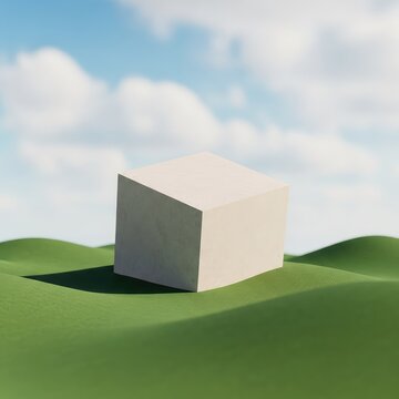 A large minimalist beige cube sits atop rolling green hills under a bright sky with soft white clouds, creating a calm surreal landscape, environmental, surreal, artistic